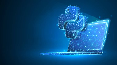 Not defteri ekranında Python kodlama dil işareti. Cihaz, programlama, gelişmekte olan kavram. Soyut, dijital, tel kafes, düşük poly örgü, vektör mavi neon 3d illüstrasyon. Üçgen, çizgi, nokta, yıldız