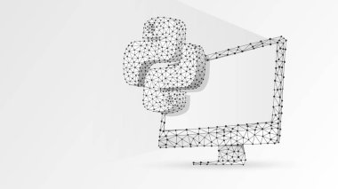 Bilgisayar monitöründe Python kodlama dil işareti. Cihaz, programlama, gelişmekte olan kavram. Soyut, dijital, tel kafes, düşük poly örgü, vektör beyaz origami 3d illüstrasyon. Üçgen, çizgi, nokta, yıldız