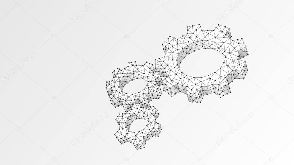 Gears. Industry, business solution, mechanical technology, machine engineering concept. Abstract, digital, wireframe, low poly mesh, vector white origami 3d illustration. Triangle, line, dot, star