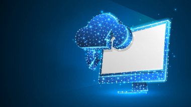 Beyaz bilgisayar monitöründe Bulut Depolama. Erişim, iş verileri, internet sunucusu konsepti. Soyut, dijital, tel kafes, düşük poli örgü, poligonal vektör mavi neon 3d illüstrasyon. Üçgen, çizgi, nokta