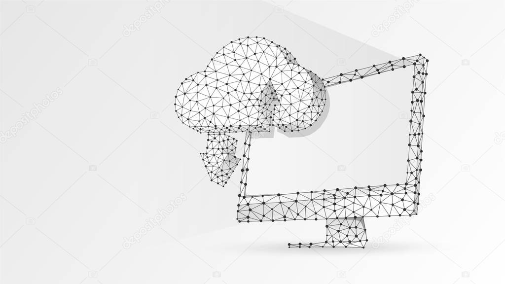 Cloud Storage on computer monitor. Access, business data, internet server concept. Abstract, digital, wireframe, low poly mesh, polygonal vector white origami 3d illustration. Triangle, line, dot