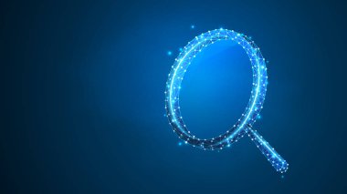 Büyüteç. Analiz, Arama sembolü. İş, bilim, internet sörfü konsepti. Soyut, dijital, tel kafes, düşük poly örgü, vektör mavi neon 3d illüstrasyon. Üçgen, çizgi, nokta, yıldız