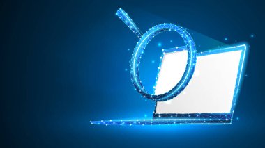 Beyaz dizüstü bilgisayar ekranında büyüteç. İş, Internet sörf, Analiz, Arama sembolü. Soyut dijital tel kafes, düşük poli örgü, poligonal vektör mavi neon 3d illüstrasyon. Üçgen, çizgi, nokta