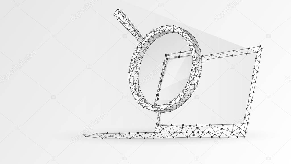 Magnifying glass on laptop screen. Business, Internet surfing, Analysis, Search symbol. Abstract digital wireframe, low poly mesh, polygonal vector white origami 3d illustration. Triangle, line, dot