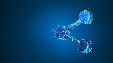 Social Share sembolü. İş bağlantısı, medya göndermek, insan iletişim kavramı. Soyut, dijital, tel kafes, düşük poly örgü, vektör mavi neon 3d illüstrasyon. Üçgen, çizgi, nokta, yıldız