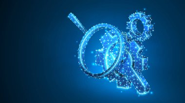 Ayarlanabilir anahtarlı Dişli'de büyüteç. Teknoloji çözümü, mühendislik araştırma konsepti. Soyut, dijital, tel kafes, düşük poly örgü, vektör mavi neon 3d illüstrasyon. Üçgen, çizgi, nokta