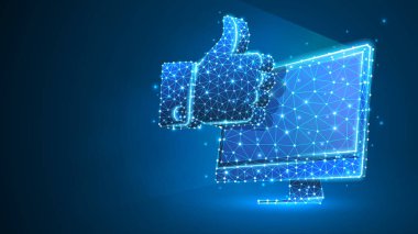Bilgisayar monitöründe El Başparmak Yukarı hareketi. İş iletişimi, onaylama, anlaşma kavramı. Soyut, dijital, tel kafes, düşük poli örgü vektör mavi neon 3d illüstrasyon. Üçgen, çizgi, nokta