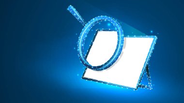 Grafik Tablet beyaz ekranda büyüteç. Internet sörfü, Analiz, Arama sembolü. Soyut dijital tel kafes, düşük poli örgü, poligonal vektör mavi neon 3d illüstrasyon. Üçgen, çizgi nokta
