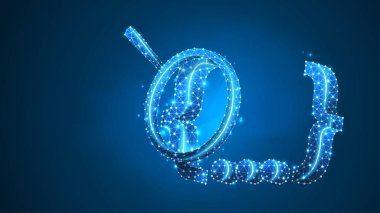 Ayarlanabilir anahtarlı Dişli'de büyüteç. Teknoloji çözümü, mühendislik araştırma konsepti. Soyut, dijital, tel kafes, düşük poly örgü, vektör mavi neon 3d illüstrasyon. Üçgen, çizgi, nokta