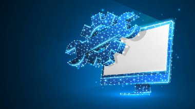 Beyaz bilgisayar monitöründe dişliler ayarlanabilir anahtar. Endüstri, iş teknolojisi, ayar konsepti. Soyut, dijital, tel kafes, düşük poly örgü, vektör mavi neon 3d illüstrasyon. Üçgen, çizgi, nokta