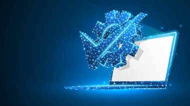 Beyaz dizüstü bilgisayar ekranında dişli onay işareti. İş çözümü, teknoloji onaylı, makine seçimi konsepti. Soyut, dijital, tel kafes, düşük poli örgü vektör mavi neon 3d illüstrasyon. Üçgen, çizgi nokta