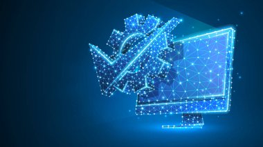 Bilgisayar monitöründeki dişli onay işareti. İş çözümü, teknoloji onaylı, makine seçimi konsepti. Soyut, dijital, tel kafes, düşük poli örgü vektör mavi neon 3d illüstrasyon. Üçgen, çizgi nokta