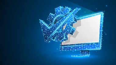 Beyaz bilgisayar monitöründeki dişli onay işareti. İş çözümü, makine seçimi onaylı konsept. Soyut, dijital, tel kafes, düşük poli örgü vektör mavi neon 3d illüstrasyon. Üçgen çizgi nokta
