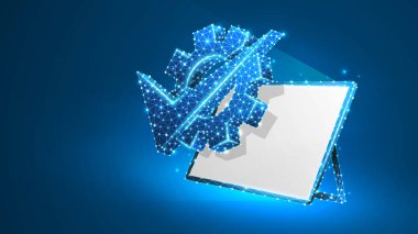 Beyaz grafik tablet ekranında dişli onay işareti. İş çözümü, makine seçimi onaylı konsept. Soyut, dijital, tel kafes, düşük poli örgü vektör mavi neon 3d illüstrasyon. Üçgen, çizgi nokta