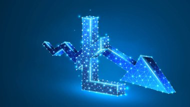 Downtrend ok Litecoin cryptocurrency grafik. İş, veri nakit krizi, dijital finans kavramı. Soyut, dijital, tel kafes düşük Poly Mesh vektör mavi neon 3D illüstrasyon. Üçgen çizgi nokta