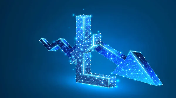 Seta de tendência baixa Litecoin gráfico criptomoeda. Negócios, crise de caixa de dados, conceito de finanças digitais. Abstract, digital, wireframe low poly mesh vector blue neon 3d illustration. Ponto de linha triangular — Vetor de Stock