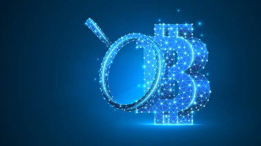 Bitcoin cryptocurrency üzerinde büyüteç. Piyasa analizi, iş güvenliği, para araştırma konsepti. Soyut, dijital, tel kafes düşük Poly Mesh vektör mavi neon 3D illüstrasyon. Üçgen çizgi nokta