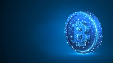 Bir Coin üzerinde Bitcoin cryptocurrency. Çokgen iş, para, para, nakit, daire kavramı. Soyut, dijital, tel kafes düşük Poly Mesh vektör mavi neon 3D illüstrasyon. Üçgen çizgi nokta