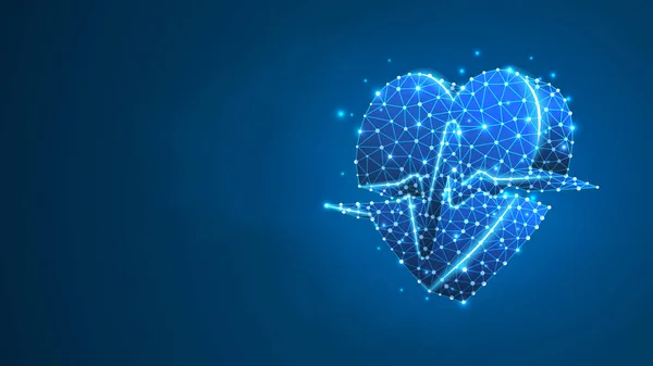 Corazón con línea de pulso. Concepto de tecnología poligonal de salud, comprobación cardiovascular. Abstracto, digital, wireframe baja malla poli vector azul neón 3d ilustración. Punto de línea de triángulo — Vector de stock