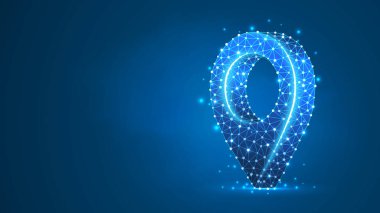 Çokgenden oluşan Gps Pin sembolü. İş seyahati, navigasyon sistemi, konum işaretçisi konsepti. Soyut, dijital, tel kafes düşük poli örgü Vektör mavi neon 3d illüstrasyon. Üçgen, çizgi, nokta