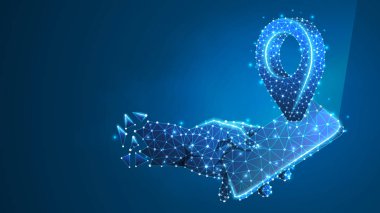 Elinde telefon, Gps konum Pini. İş seyahati, navigasyon teknolojisi, akıllı telefon haritası konsepti. Soyut, dijital, tel kafes düşük poli örgü vektör mavi neon 3d illüstrasyon. Üçgen çizgi nokta