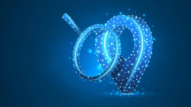 Gps Pin işaretleyiciüzerinde büyüteç. Harita analizi, seyahat güvenliği, coğrafi konum araştırması konsepti. Soyut, dijital, tel kafes düşük poli örgü vektör mavi neon 3d illüstrasyon. Üçgen çizgi nokta