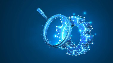 Büyüteç. Dişliler teknolojisi Analizi. Endüstri, iş çözümü, mühendislik konsepti. Soyut, dijital, tel kafes, düşük poly örgü, vektör mavi neon 3d illüstrasyon. Üçgen, çizgi, nokta