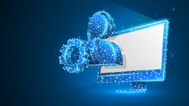 Beyaz bilgisayar monitöründe bir dişli ile destek yöneticisi siluet. Danışman, problem çözümü motor konsepti. Soyut, dijital tel kafes, düşük poli örgü, vektör mavi neon 3d illüstrasyon. Satır nokta