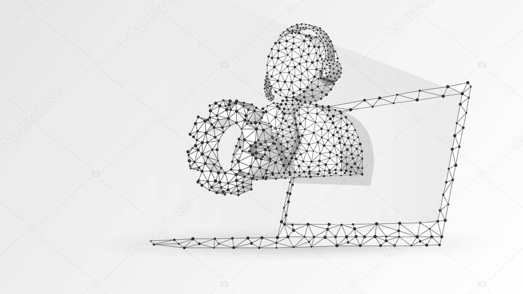 Support manager silhouette with a gear on notebook screen. Consultant, problem-solution engine concept. Abstract, digital wireframe, low poly mesh, vector white origami 3d illustration. Line dot
