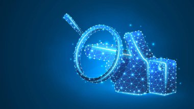 Bir el silueti üzerinde büyüteç, parmak işaret. Yön analizi, iş yolu, dokunmatik ekran konsepti. Soyut, dijital tel kafes, düşük poli Mesh, vektör mavi neon 3D illüstrasyon. Çizgi nokta