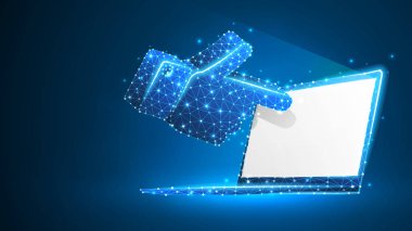 Beyaz bir Notebook ekrana işaret insan el siluet. Dokunmatik ekran, parmak tıklama kavramı. Soyut, dijital tel kafes, düşük poli Mesh, vektör mavi neon 3D illüstrasyon. Çizgi nokta