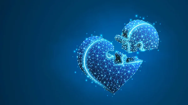 Rompecabezas de corazón. San Valentín conectar corazones de las personas, Medicina cardiología concepto de ayuda de salud. Resumen, marco de alambre digital, poli baja, malla, vector azul neón 3d ilustración. Punto de línea — Vector de stock
