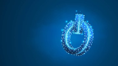 Güç düğmesi. Enerji, elektrik teknolojisi konsepti. Soyut, dijital, tel kafes, düşük poly örgü, vektör mavi neon 3d illüstrasyon. Üçgen, çizgi nokta yıldız