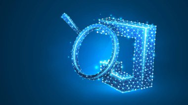 Java Script kodlama dili büyüteç Analizi. Kod analizi, programlama, gelişmekte olan kavram. Soyut, dijital, tel kafes, düşük poly örgü, vektör mavi neon 3d illüstrasyon. Satır nokta