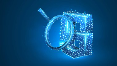 Java Script kodlama dili büyüteç Analizi. Kod analizi, programlama, gelişmekte olan kavram. Soyut, dijital, tel kafes, düşük poly örgü, vektör mavi neon 3d illüstrasyon. Satır nokta