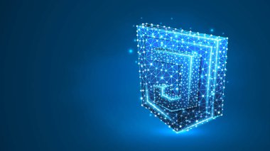 Js, Java Script kodlama dil işareti. Cihaz, programlama, gelişmekte olan kavram. Soyut, dijital, tel kafes, düşük poli örgü, vektör mavine3d illüstrasyon Üçgen çizgi nokta