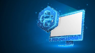 Beyaz bilgisayar monitöründe Python kodlama dil işareti. Cihaz, programlama, gelişmekte olan kavram. Soyut, dijital, tel kafes, düşük poly örgü, vektör mavi neon 3d illüstrasyon. Üçgen, çizgi, nokta, yıldız
