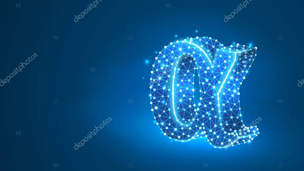 Alpha, the first letter of a Greek alphabet. Greek numerals, mathematical number one concept. Abstract, digital, wireframe, low poly mesh, vector blue neon 3d illustration. Triangle, line dot