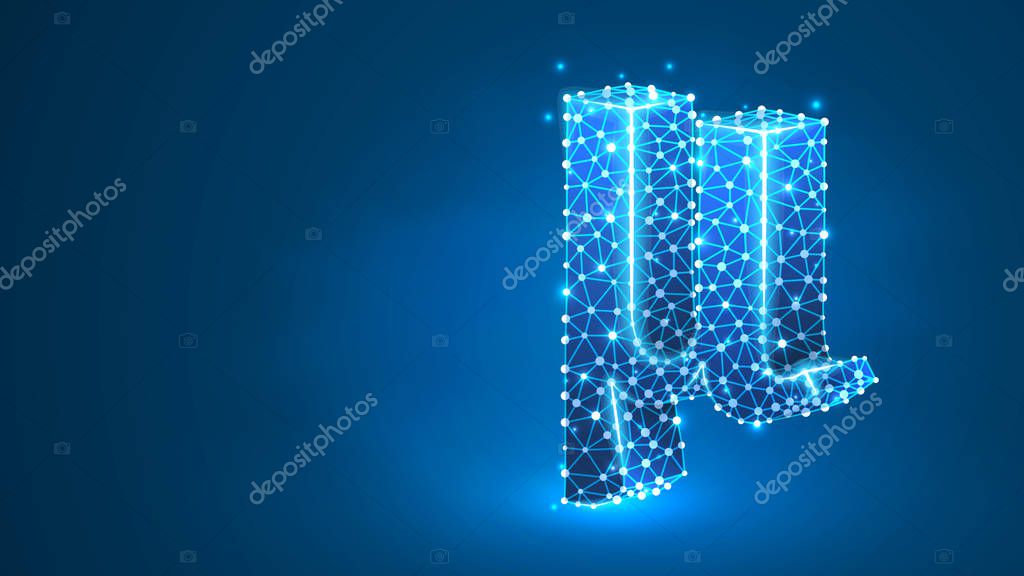 Mu, the letter of a Greek alphabet. Greek numerals, mathematical number forty concept. Abstract, digital, wireframe, low poly mesh, vector blue neon 3d illustration. Triangle, line dot