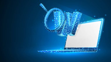 W harfi, beyaz defter ekranında büyüteç. Dünya çapında web analizi, etki alanı arama, www adres kavramı. Soyut, dijital tel kafes düşük poli örgü vektör mavi neon 3d illüstrasyon. Çizgi, nokta