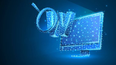 Bilgisayar monitöründe büyüteç ile harf w. Dünya çapında web analizi, etki alanı arama, www adres kavramı. Soyut, dijital tel kafes düşük poli örgü vektör mavi neon 3d illüstrasyon. Çizgi, nokta