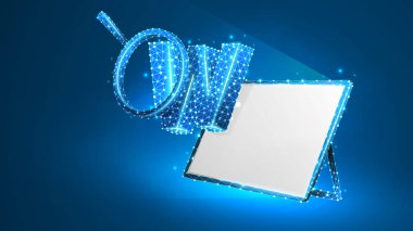 W harfi, beyaz tablet ekranında büyüteç. Dünya çapında web analizi, etki alanı arama, www adres kavramı. Soyut, dijital tel kafes düşük poli örgü vektör mavi neon 3d illüstrasyon. Çizgi, nokta