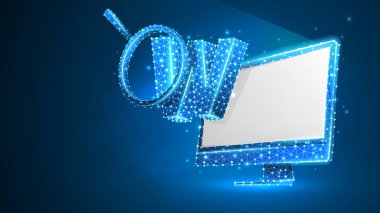 W harfi, beyaz bilgisayar monitöründeki büyüteç. Dünya çapında web analizi, etki alanı arama, www adres kavramı. Soyut, dijital tel kafes düşük poli örgü vektör mavi neon 3d illüstrasyon. Çizgi, nokta