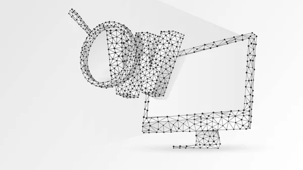 Buchstabe w, Lupe auf Computerbildschirm. World Wide Web-Analyse, Domain-Suche, www-Adresskonzept. abstrakte, digitale Drahtgitter Low-Poly-Mesh-Vektor weiße Origami 3D-Illustration. Linie, Punkt — Stockvektor