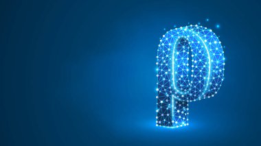 Rho, Yunan alfabesinin harfi. Yunan rakamları, matematiksel yüz sayı kavramı. Soyut, dijital, tel kafes, düşük poly örgü, vektör mavi neon 3d illüstrasyon. Üçgen, çizgi, nokta