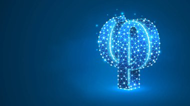 Phi, Yunan alfabesinin harfi. Yunan rakamları, matematiksel 500 sayı kavramı. Soyut, dijital, tel kafes, düşük poly örgü, vektör mavi neon 3d illüstrasyon. Üçgen, çizgi, nokta