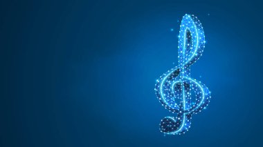 Üçlü anahtar. Müzik notası, melodi anahtarı, klasik G-anahtarı, festival posteri ya da afiş konsepti. Soyut, dijital, kablo çerçeveli, düşük polyester örgülü, mavi neon renkli üç boyutlu illüstrasyon. Üçgen, çizgi, nokta
