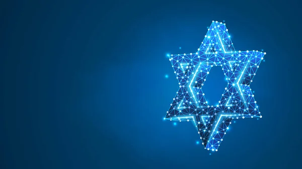Зоря Давида. Шестикутна геометрична зірка, символ сучасної єврейської ідентичності та юдаїзм Ізраїль. Abstract, digital, wireframe, low poly mesh, vector blue neon 3d illustration. Трикутник, лінія, крапка — стоковий вектор