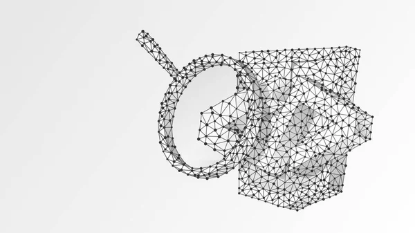 Magnifying glass analys of HTML code Bracket model. Abstrait, wireframe numérique, faible maille poly, vecteur polygonal blanc origami illustration 3d. Analyse de codage, concept de programmation logicielle. Ligne, point — Image vectorielle