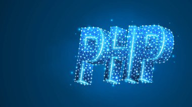 Hypertext Preprocessor coding language sign, text silhouette. Device, programming, developing concept. Abstract, digital, wireframe, low poly mesh, vector blue neon 3d illustration. Line dot clipart svg vector 